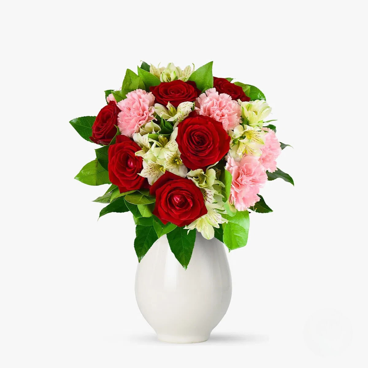 Buchet de flori cu 7 trandafiri rosii, 5 garoafe roz si 5 alstroemeria albe Vrei sa ma ierti?